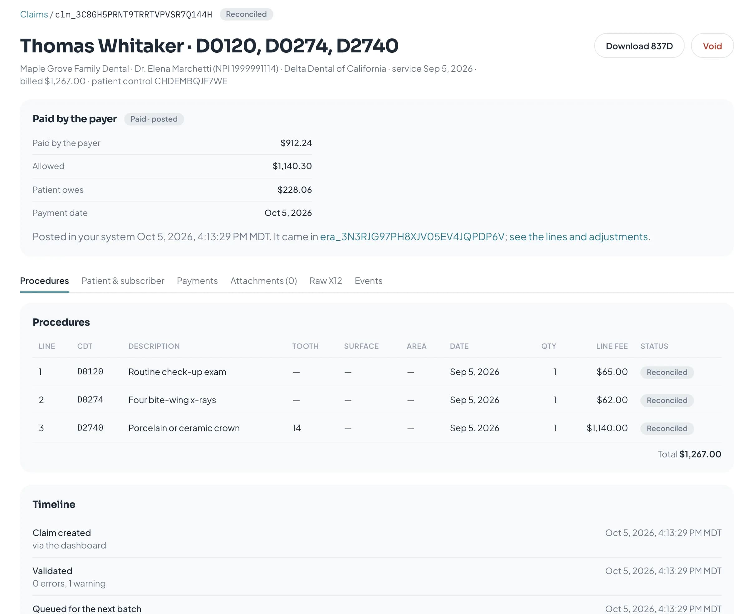 A paid claim in the Claim House dashboard: what the payer paid, the procedures and the timeline