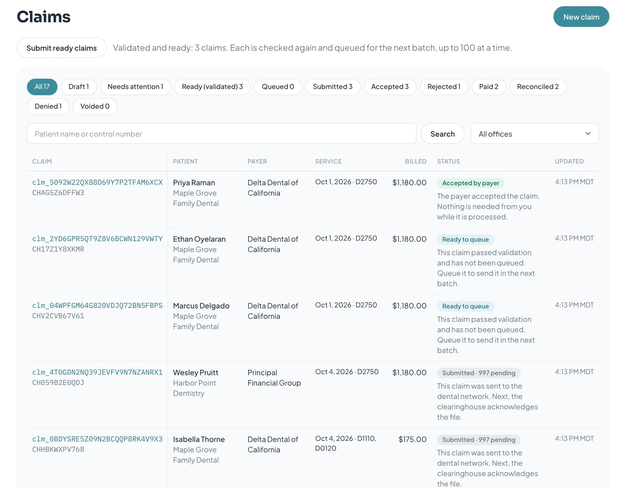 The claims list, filtered by state