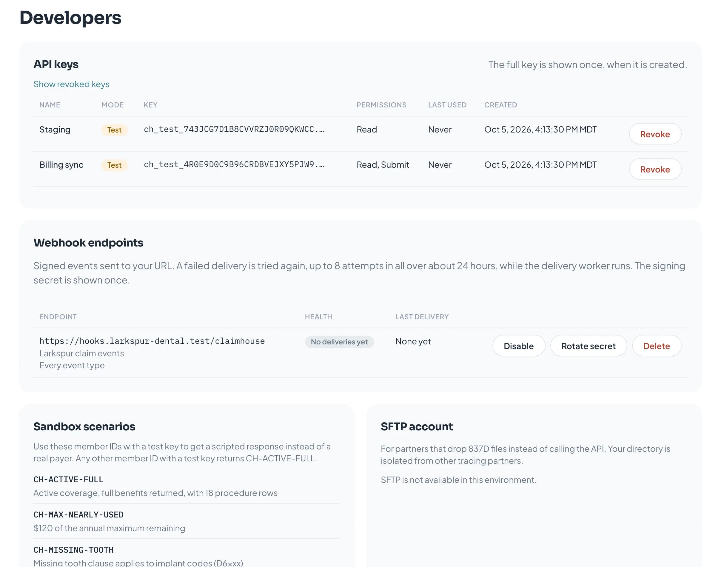 The Developers page with API keys and webhook endpoints